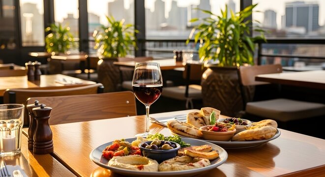 Rooftop dining with red wine and delicious appetizers at sunset.