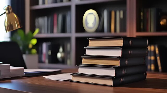 Stacked books on a desk with a lamp and bookshelf in the background