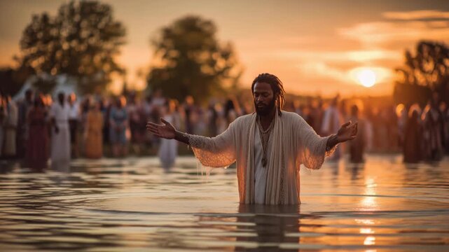 Baptism ceremony at sunset by the lake with a community gathering celebrating faith and spiritual rebirth