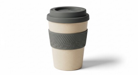 Bamboo coffee cup with grey lid and sleeve on white background.
