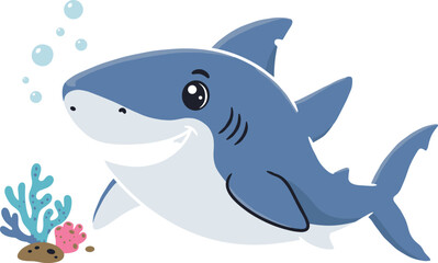 Cute smiling shark cartoon illustration, adorable ocean animal character, underwater marine life art with coral and bubbles isolated on white background