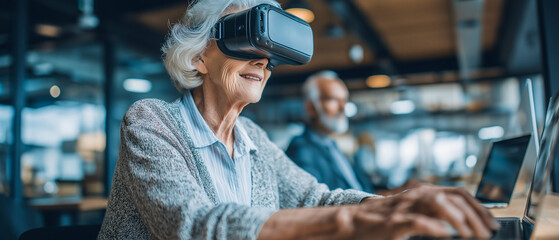 Older adult woman using virtual reality headset and typing on laptop in modern classroom, learning technology with curiosity and joy, intergenerational digital literacy class