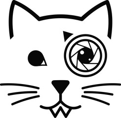 A cat face with a camera lens as an eye