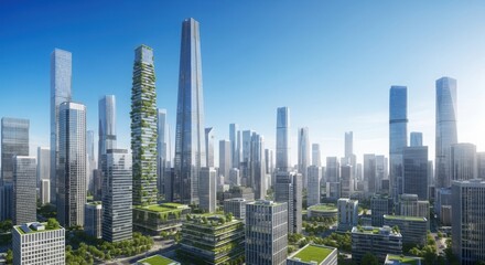 Fototapeta premium A futuristic city skyline featuring modern skyscrapers and green building design under a clear blue sky showcasing sustainable urban development professional stock photography content
