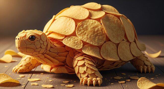 A creative and whimsical image of a turtle with a shell made entirely of potato chips rests on a wooden surface professional stock photography content