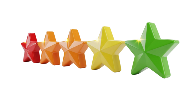 Five colorful stars in a row isolated on transparent background, rating concept