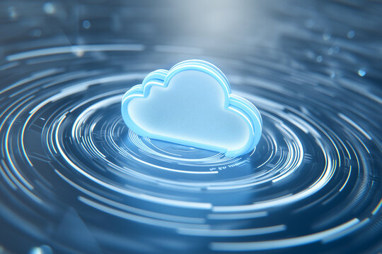 Cloud icon with glowing holographic ripple rings, futuristic digital technology concept, blue and white color, macro abstract background, innovation and connectivity