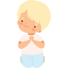 Cartoon Blond Haired Boy Kneeling Down in Prayer Wearing a White T Shirt and Light Blue Pants with His Hands Clasped Together in a White Background