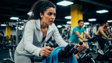 Woman training in spinning session at gym focused on indoor cycling workout and endurance. - Powered by Adobe