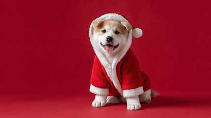 Festive canine friend in Santa suit against a bright red backdrop. Adorable puppy embodying holiday cheer, bringing joy and warmth. Season's greetings from a furry pal!