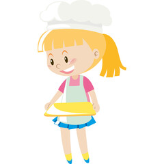 Cartoon blonde girl wearing baker hat and apron holding yellow tray in white background