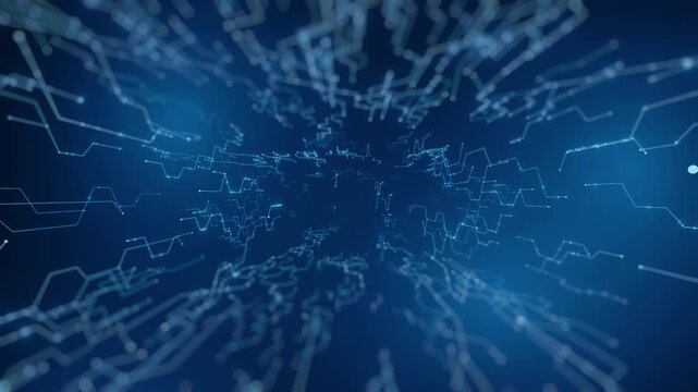 Abstract digital lines, glowing dots on deep blue background. Data flow, network connection, technology, artificial intelligence, big data concept. Modern, futuristic, high-tech design. Ideal for IT