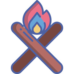 Campfire icon illustration with crossed logs and colorful flames in pink blue and yellow on a transparent background symbolizing warmth and outdoor adventure