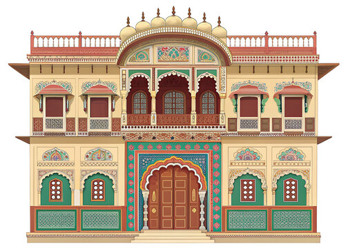 Rajasthani haveli front elevation in clean vector style