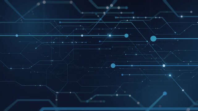 Abstract dark blue circuit board background, glowing lines, moving electrons. Represents technology, cyber security, data flow, futuristic digital network. Ideal for tech, AI, innovation themes.