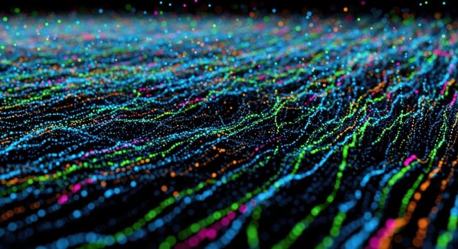 Abstract background of colorful glowing particles creating a dynamic wave pattern ideal for technology or science visualizations professional stock photography content