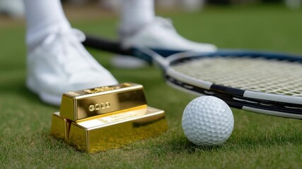 Gold bar and tennis gear closeup: luxurious symbolism of wealth and sports