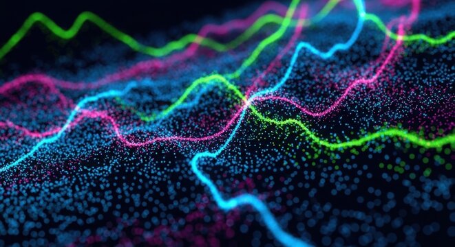 Abstract data visualization with colorful lines and dots creating a modern and dynamic background suitable for technology or business themes professional stock photography content