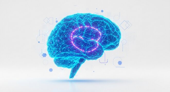 Digital brain with highlighted hippocampus, representing memory and cognitive function, on a white background.