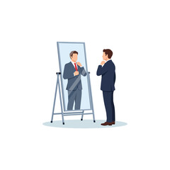 Professional businessman in suit adjusting his tie, looking at his reflection in a full-length mirror, preparing for work