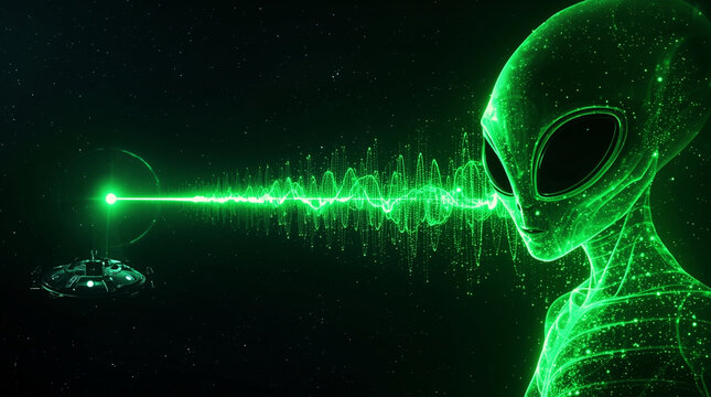 Scientific visualization of alien energy transmission showing extra-terrestrial being emitting green particle wave from spacecraft in deep outer space