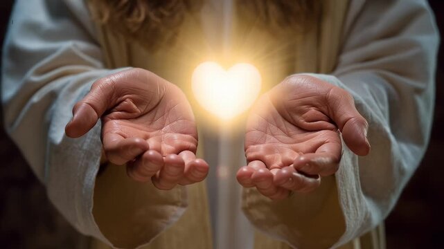 Jesus holds a shining heart in his hands, symbolizing love and compassion in a serene moment of connection