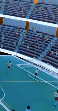 Female soccer goalkeeper diving to save goal during match in stadium, after a powerful kick from the female player on the opposing team 3D animation  arc shot at sunset
