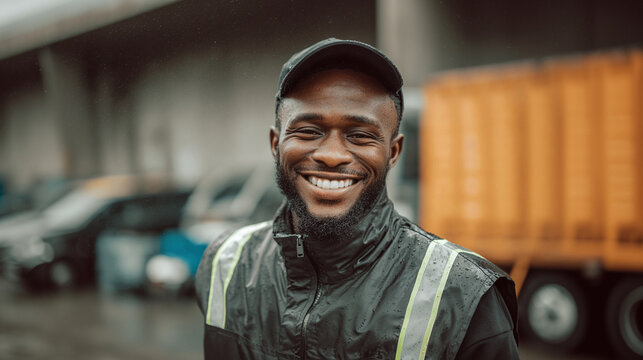 Smiling worker, bright day. Happy male employee in safety vest and cap. Positive attitude on the job site. Focused, ready for the tasks at hand. Dedicated employee.