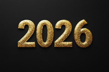 The number twenty six is written in gold letters on a black background Christmas background. 2026 year gold numbers