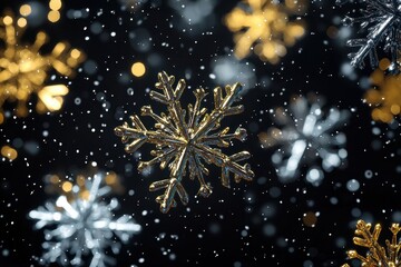 Snowflake with gold and silver accents is in the center of a black background Black Christmas background with snowflakes
