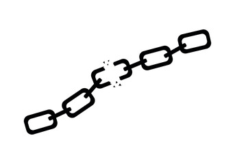 A silhouette of a broken steel chain on a white background. Black symbol of a broken chain. Concept of lost connection.