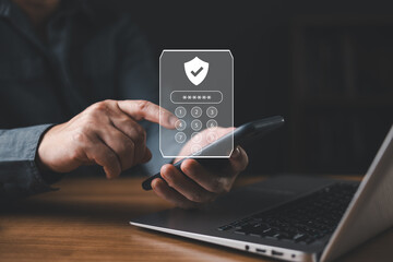 Man entering password on smartphone with digital security interface, symbolizing cybersecurity, data protection, two factor authentication, and secure online access for privacy and technology concept.