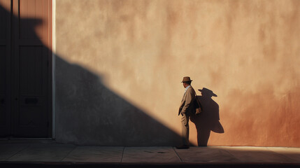 Stylish man in a suit and hat standing against a textured wall, casting a long shadow