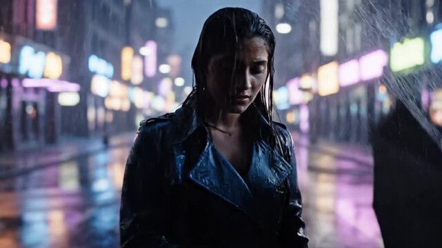 Woman finding joy in the rain in a slow-motion orbital shot
