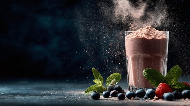 Capture the essence of wellness with a protein-packed drink, adorned with fresh berries and aromatic mint. Fuel your day with this vibrant blend of flavor and health.