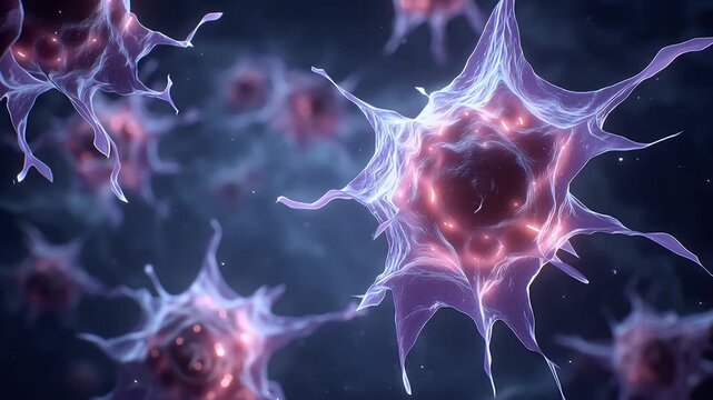 Fibroblast cell neuron network microscopic biology glowing membrane organic structure molecular tissue science research connective extracellular matrix scientific visualization cellular anatomy