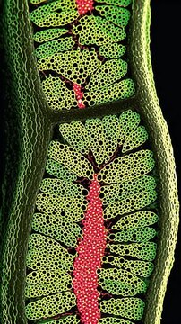 Young plant stem cross section fibroblast cell vascular bundle microscopic tissue cell fibroblast showing vascular bundle bright green and red with microscopic texture and organic pattern young plant