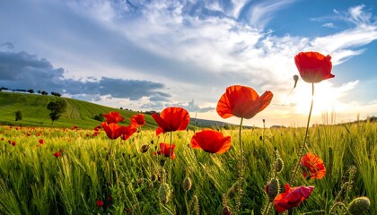 Naklejka premium Vibrant poppies in a sunlit field under a cloudy sky.