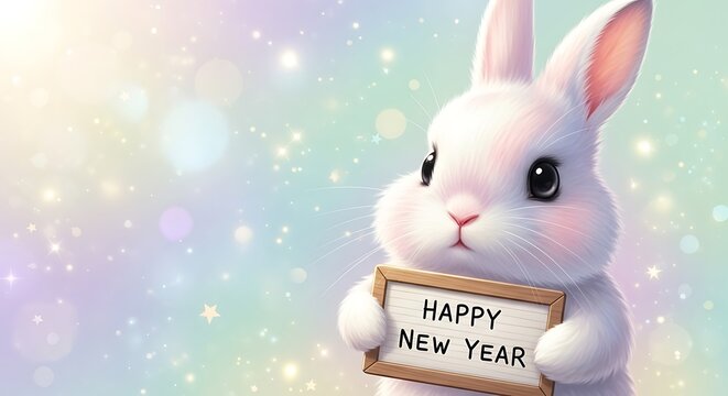 A soft, white bunny with pink cheeks holds a small wooden sign that says happy new year against a pastel, sparkling, and bokehfilled background