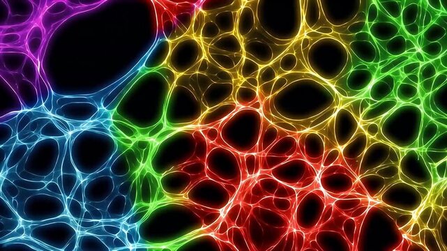 Vibrant fibroblast cell neural network colorful glowing abstract membrane microscopic biology artwork vibrant neon mesh organic structure pattern study