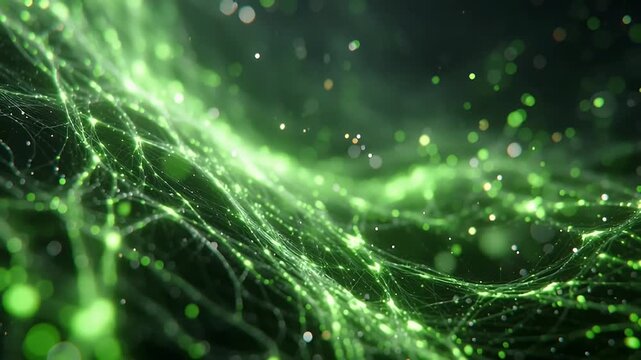 Fibroblast cell network neural mesh green particle science technology microscopic structure molecular matrix organic tissue filament nerve matrix bokeh glowing filament digital abstract biology