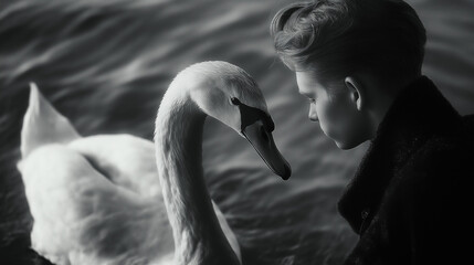 Poignant black and white portrait of a young man and a swan sharing a moment by the water