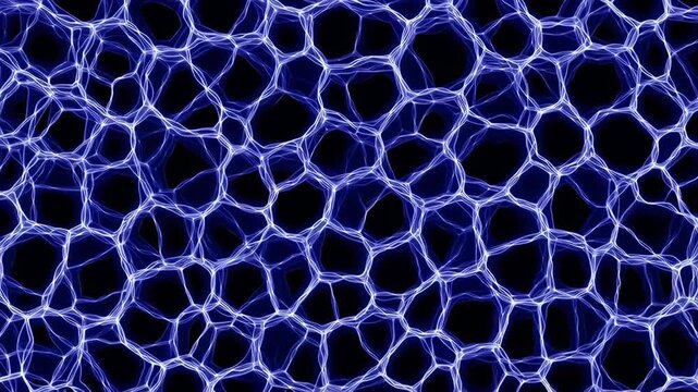 Electric blue fibroblast cell network pattern glowing black background with abstract organic mesh texture dynamic energy and intricate filament details fibroblast cell pattern microscopic network