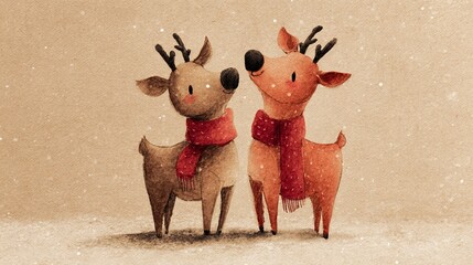 Two adorable cartoon reindeers wearing cozy red scarves stand side-by-side in a snowy landscape, radiating a festive and heartwarming holiday charm.