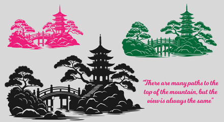 Naklejka premium Pagoda silhouette with bridge and trees in various colors with quote on peace