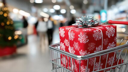 Holiday shopping: festive gift box in trolley navigates busy christmas mall aisle - Powered by Adobe