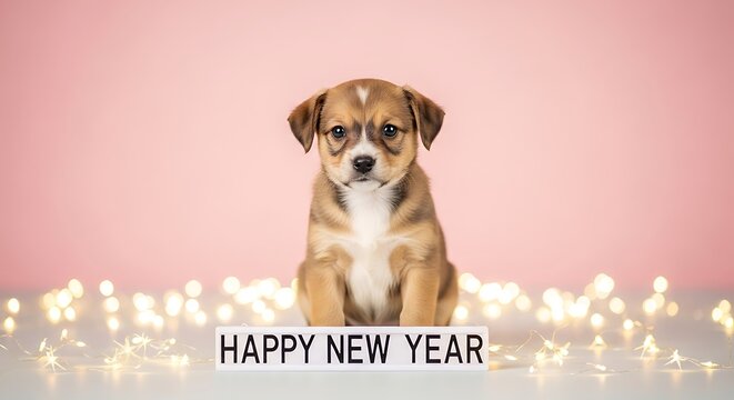Cute puppy sitting in front of a pink background with fairy lights and a happy new year sign
