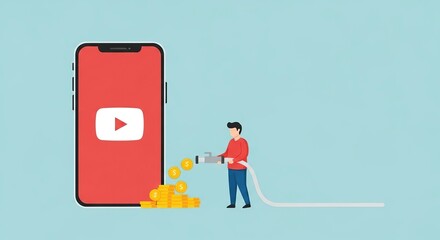 A person uses a hose to fill a giant smartphone displaying the youtube logo with gold coins