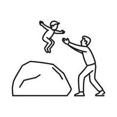 Father catches child jumping from rock illustration