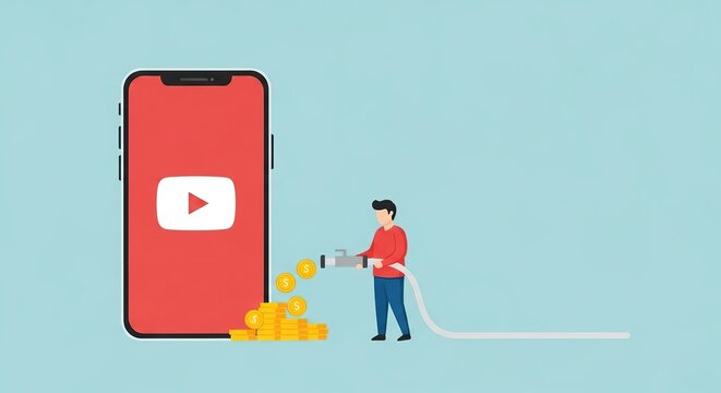 A person uses a hose to fill a giant smartphone displaying the youtube logo with gold coins